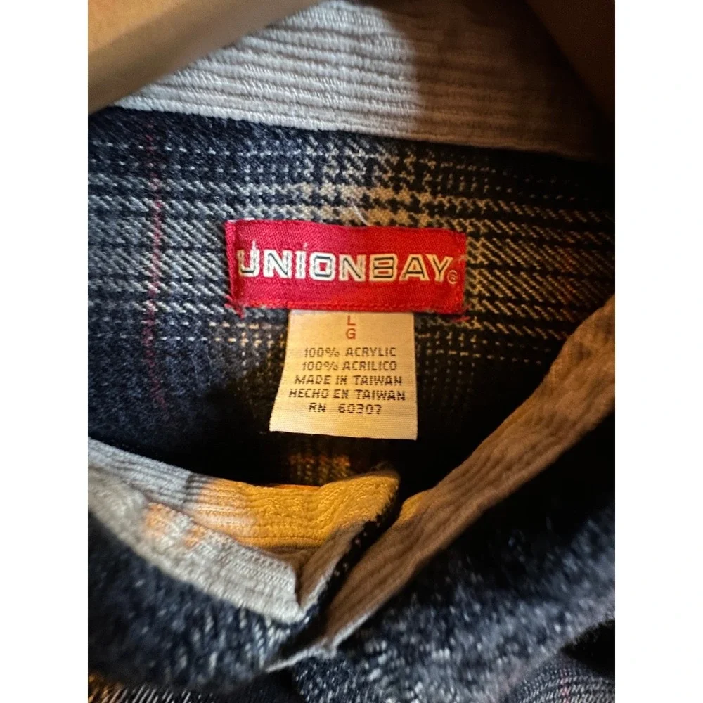 Unionbay Black/Blue Plaid Flannel Shacket Button Up Long Sleeve‎ Mens Size Large